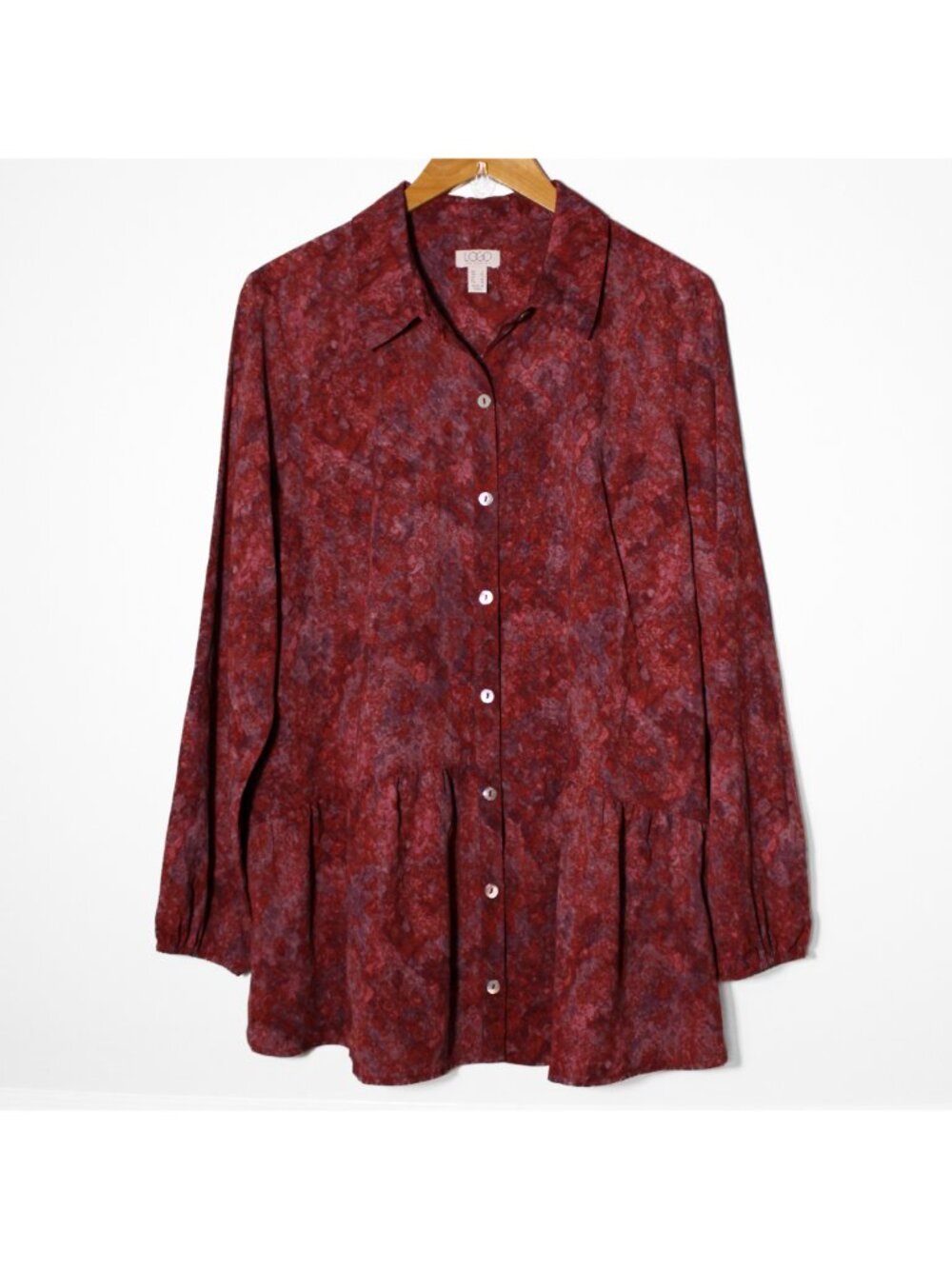 LOGO Lori Goldstein Tunic Button Up Top Marbled Grunge Boho Artsy Rust Red L